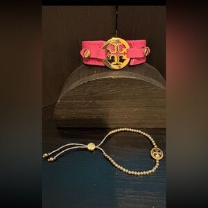 tory burch bracelet lot of 2 pink sz 6.5” & silver gold tone beads sz up to 8.5”